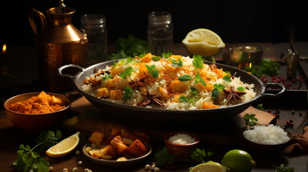Biryani rice with spices in a cast-iron frying panの素材