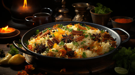Traditional indian pilaf with rice and spices on dark background.の素材