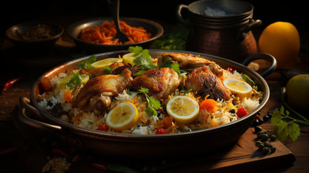 Chicken Biryani with rice and vegetables on a wooden table.の素材