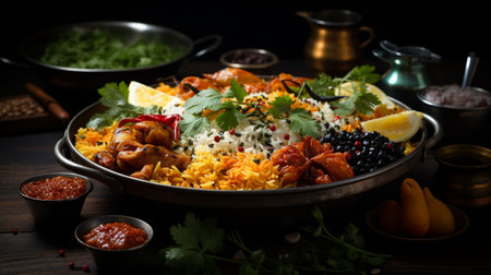 Biryani rice with chicken and vegetables on a black background.の素材