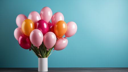 Bunch of pink and purple balloons in vase on blue backgroundの素材