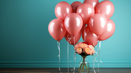 Bouquet of roses and pink balloons in a vase on the floor. 3D renderingの素材