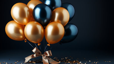 3d render of golden and black balloons with ribbon on dark backgroundの素材