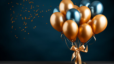 3d render of golden and silver balloons with ribbon on blue backgroundの素材