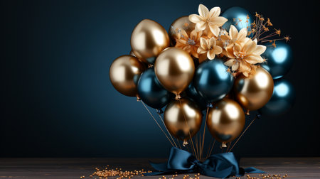 3D render of bunch of golden and blue balloons with flowers on black backgroundの素材