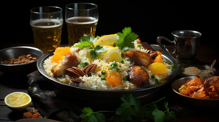 Rice with meat, vegetables and spices on a dark background.の素材