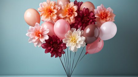 Bouquet of pink and white flowers and balloons on blue backgroundの素材