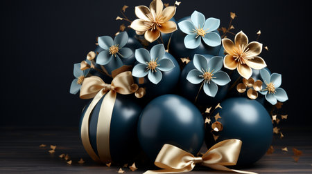 3D render of black easter eggs decorated with blue flowers and golden bows.の素材