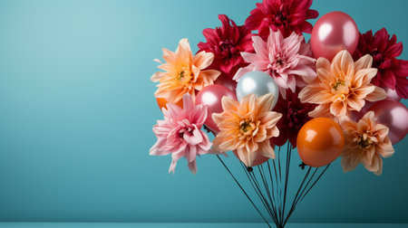 Bouquet of dahlias and Easter eggs on blue backgroundの素材