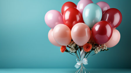 Bouquet of flowers and balloons on blue background. 3d renderingの素材