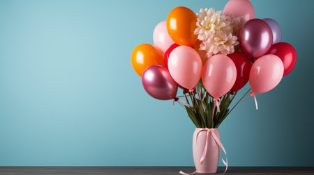 Bouquet of pink and orange balloons and white hyacinth flowers on blue backgroundの素材