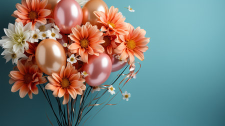 Easter eggs and flowers on a blue background. 3d renderingの素材