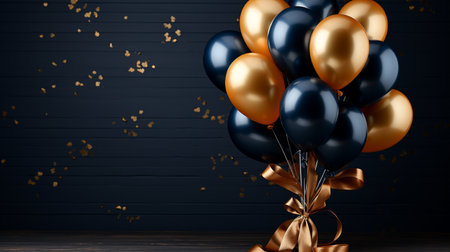 3d render of balloons with ribbon and confetti on black backgroundの素材