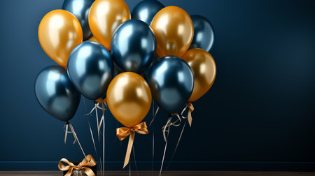 Blue and Gold Balloons Background 3D Render Illustration Mockup Sceneの素材