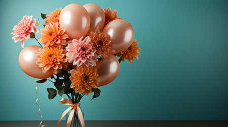 Bouquet of orange and pink balloons and flowers on a green backgroundの素材