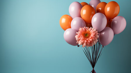 Bunch of orange and pink balloons with gerbera flower on blue backgroundの素材