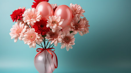 Bouquet of pink and white flowers in a vase on a blue backgroundの素材