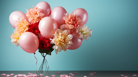 Bouquet of flowers and pink balloons on a blue background.の素材