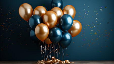3d render of blue and gold balloons with golden confetti.の素材
