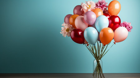 Bouquet of colorful balloons and flowers in vase on wooden tableの素材