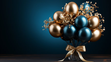 Bunch of golden and blue balloons with golden bow on wooden table. 3D renderingの素材