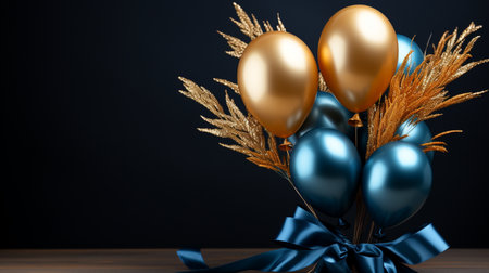 3D render of golden and blue balloons with ribbon and ears of wheatの素材