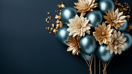 Blue balloons with golden flowers on dark blue background. 3d renderの素材