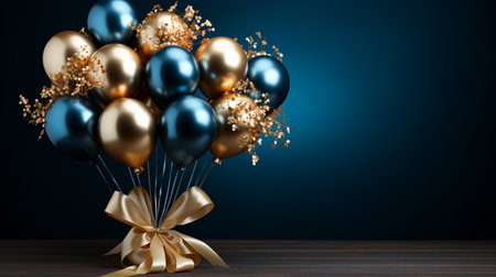 3d render of golden and blue balloons with golden bow on wooden tableの素材