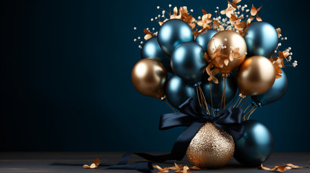 3d render of golden and blue balloons with black ribbon and confettiの素材