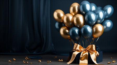 Blue and gold balloons and gift box on dark background. 3D Renderingの素材