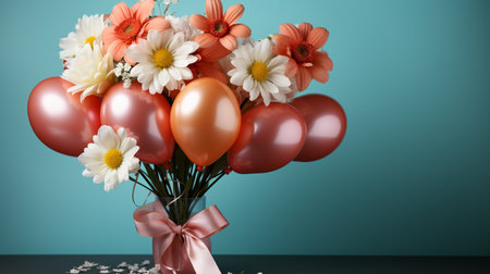 Bouquet of flowers and balloons on blue background, 3d renderの素材
