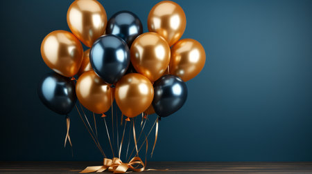 Bunch of golden and blue balloons with ribbon. 3D Renderingの素材