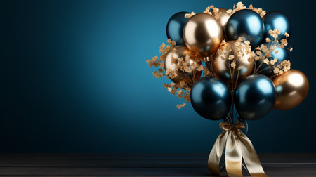 Bunch of golden and blue balloons with flowers. 3D renderingの素材