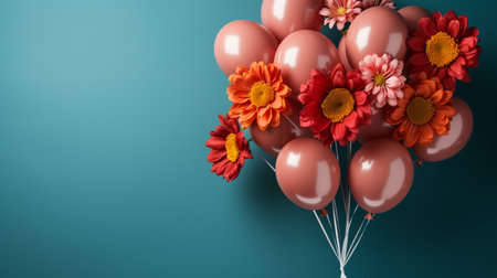 Bunch of pink balloons with flowers on blue background. 3D Renderingの素材