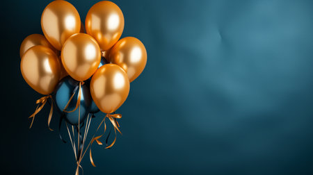 3d render of bunch of golden and blue balloons on blue backgroundの素材
