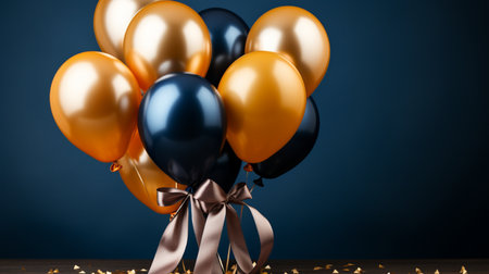 Bunch of golden and black balloons with ribbons on dark blue background. 3D Renderingの素材