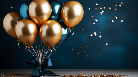 3D render of golden and blue balloons with ribbon and confettiの素材