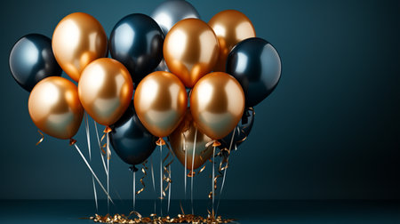 3d render of golden, blue and black balloons with confetti on dark backgroundの素材