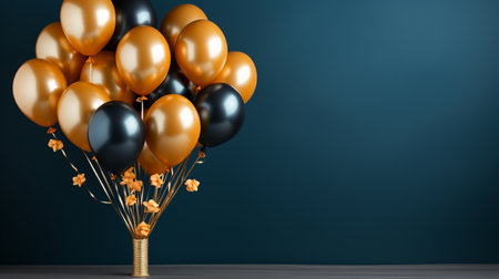 Black and gold balloons bunch on blue background. 3D Renderingの素材
