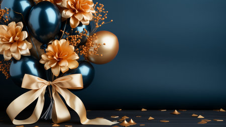 Blue and gold balloons and flowers on blue background. 3d renderの素材