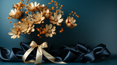 3D render of a bouquet of chrysanthemum flowers with black silk bowsの素材