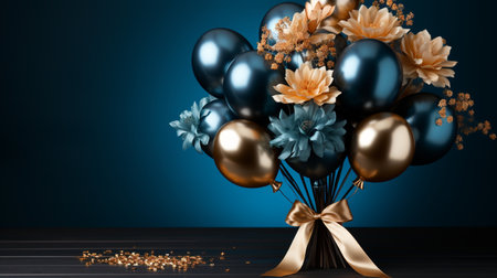 3D render of black and gold balloons and flowers on blue backgroundの素材
