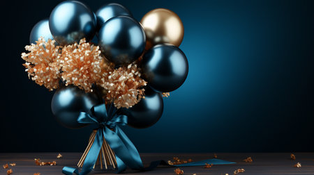 3d render of blue balloons with ribbon and bunch of golden flowersの素材