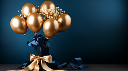 Bunch of golden balloons with black gift box on blue background.の素材
