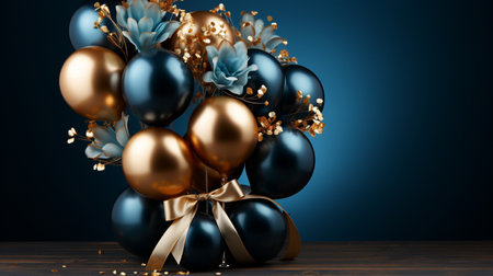 3d render of black balloons with golden bow and flowers on blue backgroundの素材