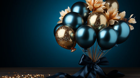 3D render of black balloons with golden and blue ribbons and flowersの素材