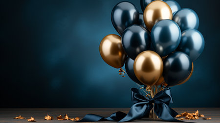 Golden and blue balloons with bow on dark background. 3d illustrationの素材