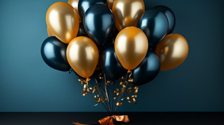 3d render of black and golden balloons with bow on blue backgroundの素材