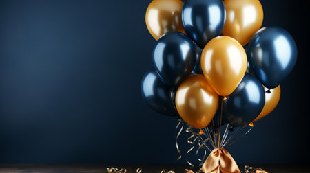 Colorful balloons with golden ribbon on dark blue background. 3D Renderingの素材