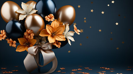 3d render of black and gold balloons with flowers on blue backgroundの素材